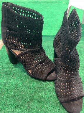 Fergie Black Woven Open-Toe Heeled Booties